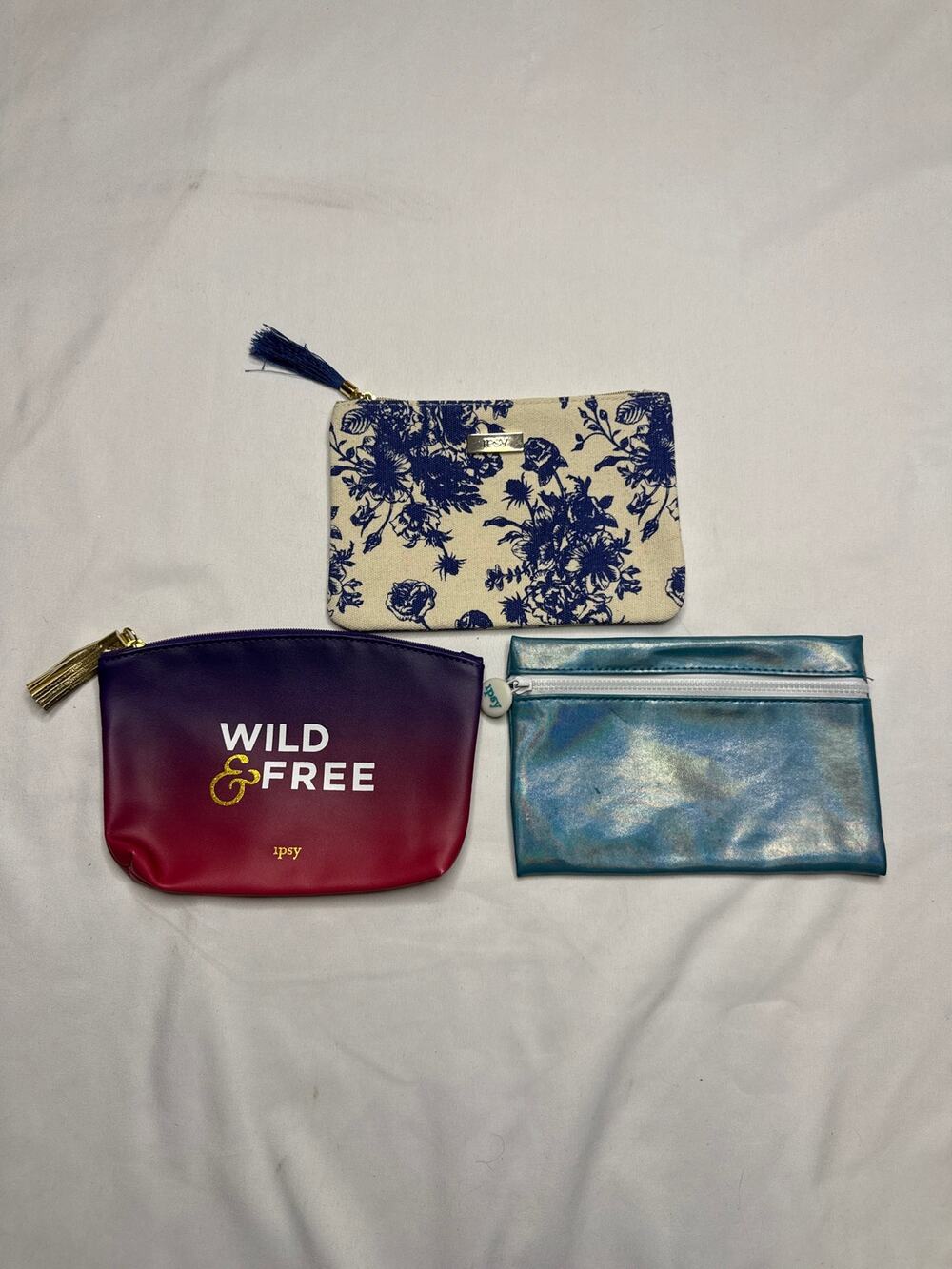 Ipsy Bag Bundle Lot of 3 Wild & Free Blue Iridescent White Blue Floral